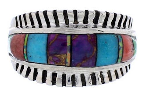 Turquoise Multicolor Inlay Sterling Silver Ring Size 6-1/2 NS39020
